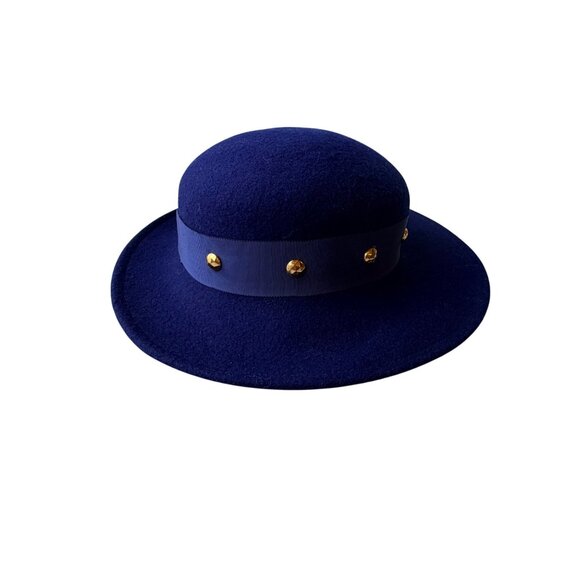 Vintage 1960s Navy Wool Wide Brim Hat with Ribbon & Gold Stud Trim Elegant - Picture 6 of 9
